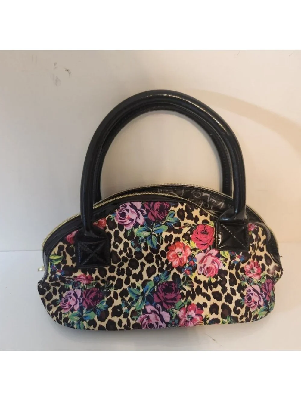 Betsey Johnson Leopard Floral Rose Dome Satchel Handbag Black Patent Trim